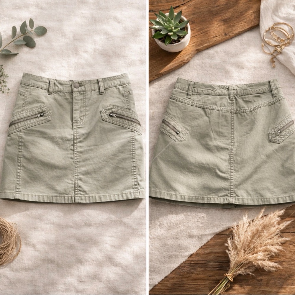 Mossimo Khaki Green Cotton Mini Skirt Size 7 Y2K Utility Zip Pocket